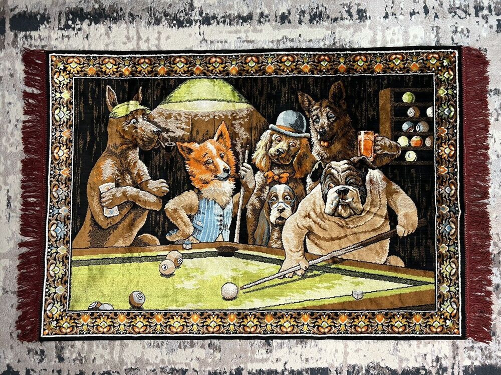 Vtg P&C Wall Tapestry Dog Pool Billiard Man Cave Made In Italy Bar Decor 38x56"